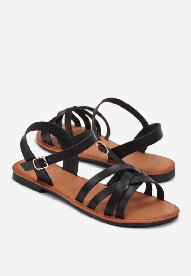 Czarne Płaskie Sandały z Cienkimi Paskami i Sprzączką Yamileta