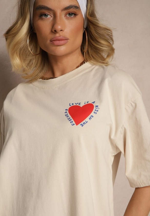Beżowy T-shirt z Bawełny Ozdobiony Sercem Ranira