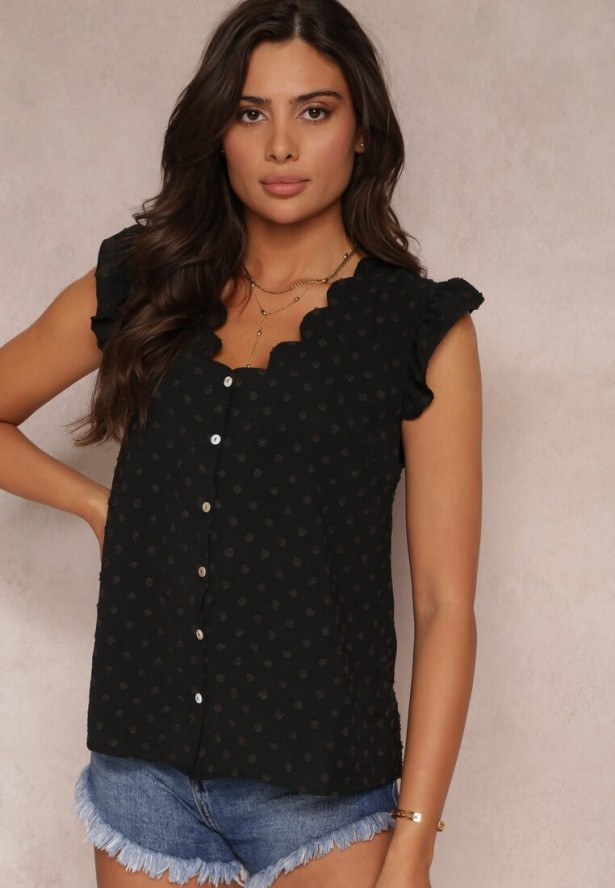Czarna Bluzka Top z Ozdobnym Dekoltem i Falbankami przy Ramionach Briara