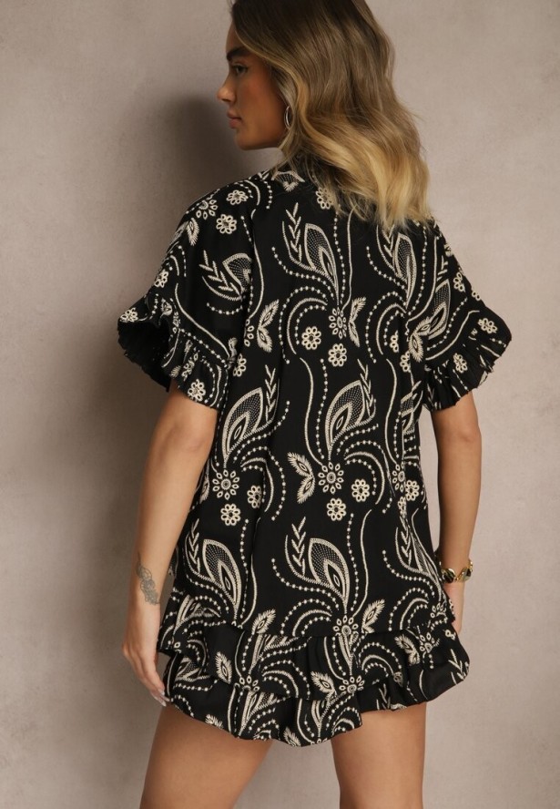 Czarny Komplet z Bawełny Spódnico-Szorty i Wiązana Koszula Redea