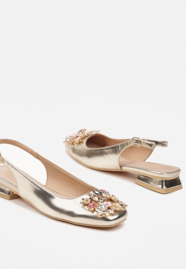 Złote Czółenka Vices z Odkrytą Piętą Ozdobione Cyrkoniami ze Skórzaną Władką Eklevia