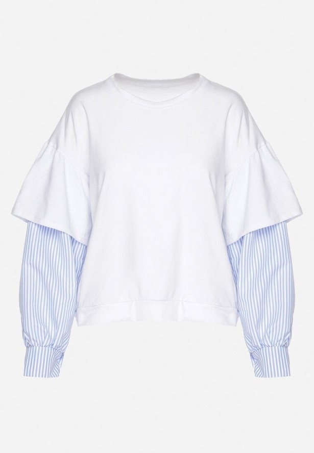 Biała Bluzka z Bawełny z Koszulowymi Rękawami w Paski Firselia