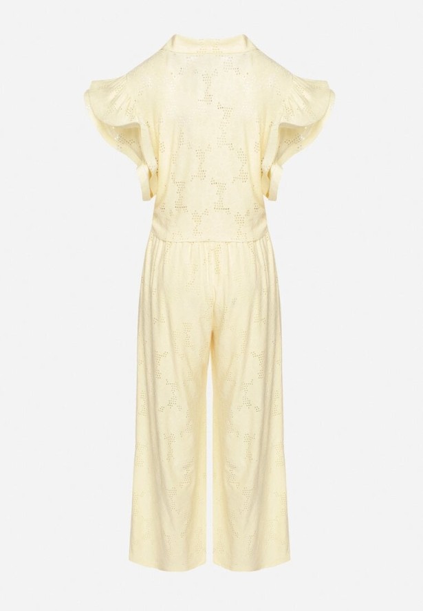 Żółty Ażurowy Komplet Koszulowa Bluzka z Wiązaniem i Szerokie Spodnie Linarisa
