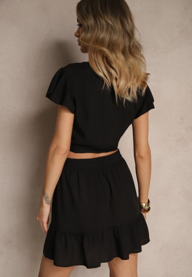 Czarny Wiskozowy Komplet Bluzka z Wiązaniem i Rozkloszowana Spódnica Redulise