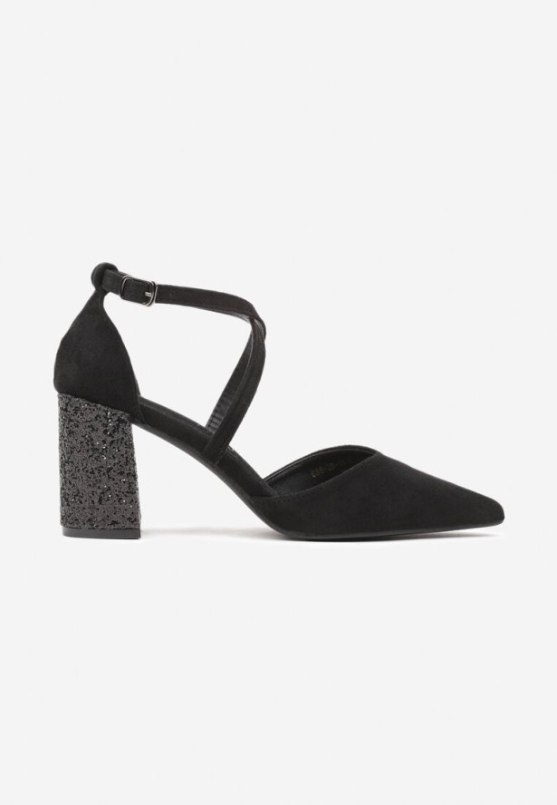 Czarne Czółenka Vices na Brokatowym Obcasie z Wkładką ze Skóry Naturalnej i Ozdobnymi Paskami Leaniella