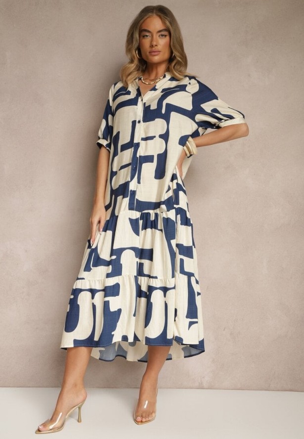 Granatowa Sukienka z Wiskozy Ozdobiona Geometrycznym Motywem Filorea