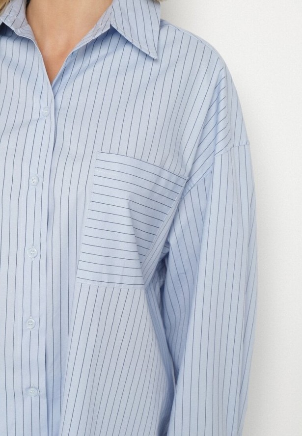 Jasnoniebieska Koszula z Bawełny w Paski Ozdobiona Kieszenią Halonila