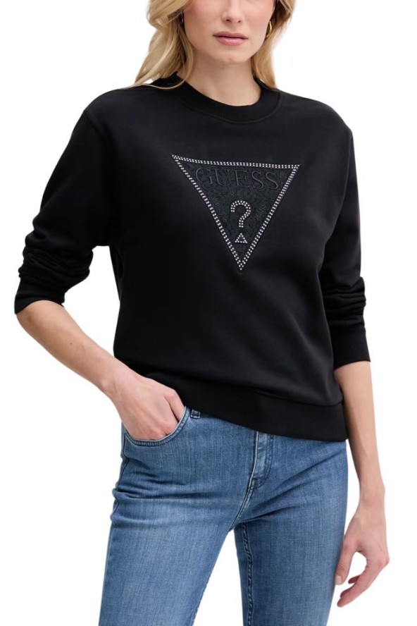 GUESS Czarna bluza damska z cyrkoniami Triangle Lace, Rozmiar XL