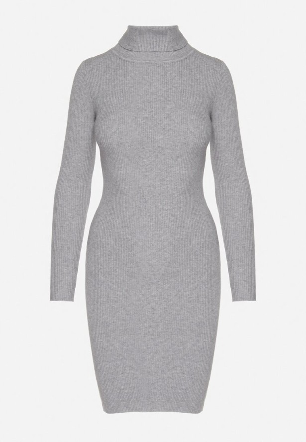 Szara Dopasowana Sukienka z Prążkowanej Dzianiny z Golfem Seralinda
