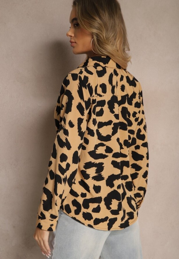 Ciemnobeżowa Koszula z Dodatkiem Bawełny w Cętki Efamara