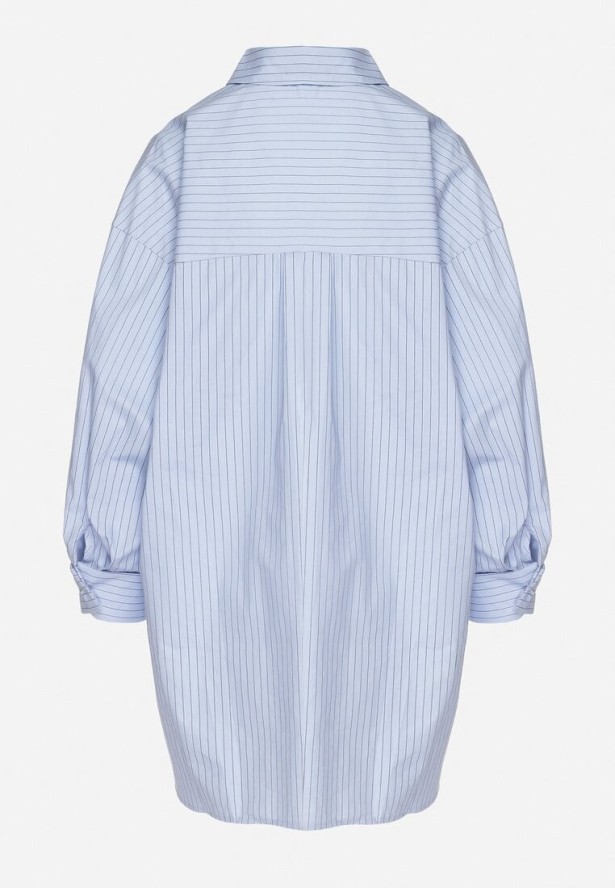 Jasnoniebieska Koszula z Bawełny w Paski Ozdobiona Kieszenią Halonila