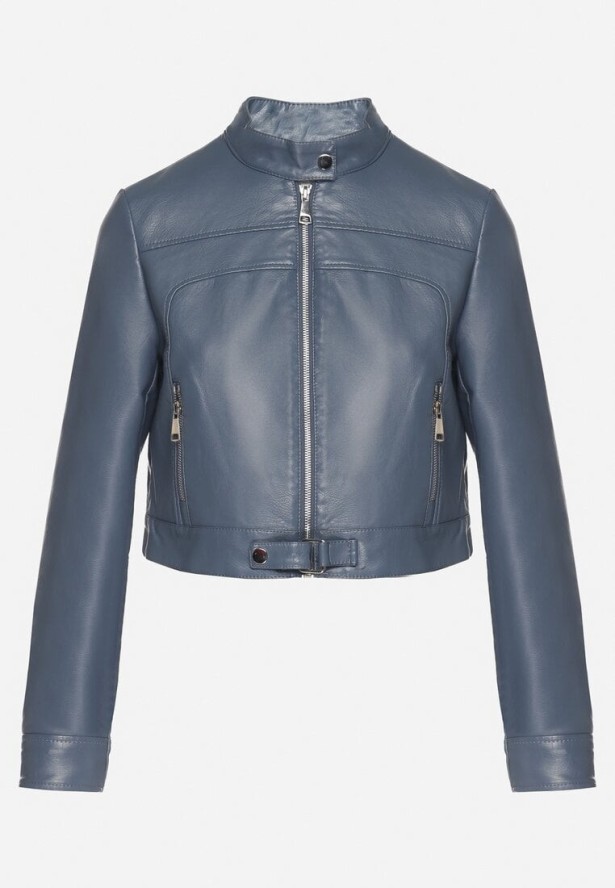 Granatowa Kurtka Ramoneska w Motocyklowym Stylu z Klamerką Terlia