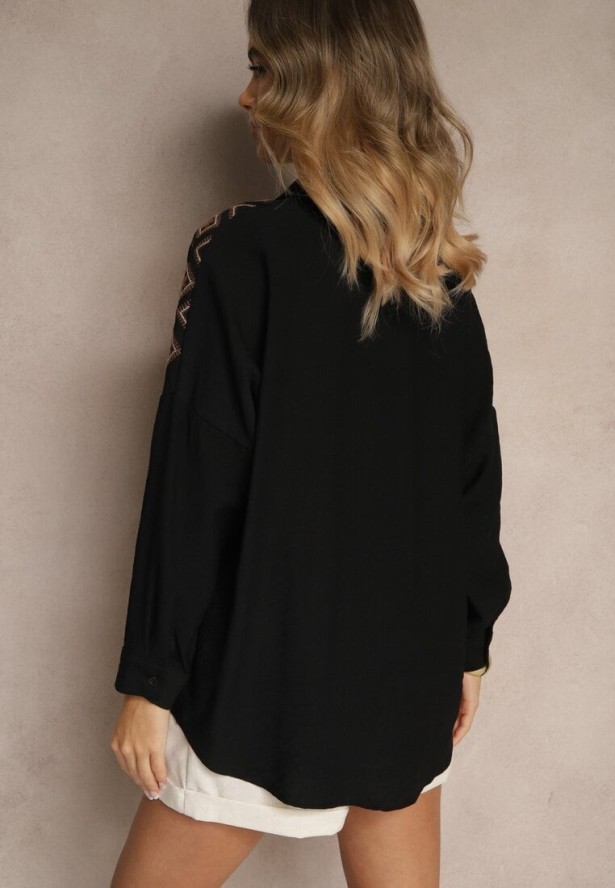 Czarna Koszula z Ozdobnym Haftem Sadine