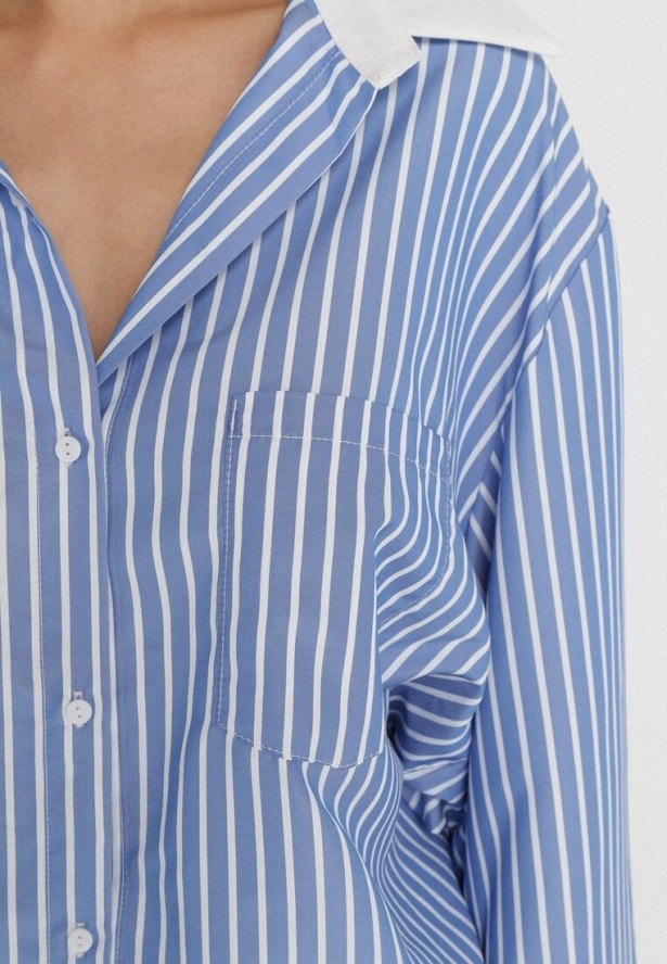 Niebieska Koszula w Paski z Kontrastowymi Mankietami i Kołnierzykiem Zarona