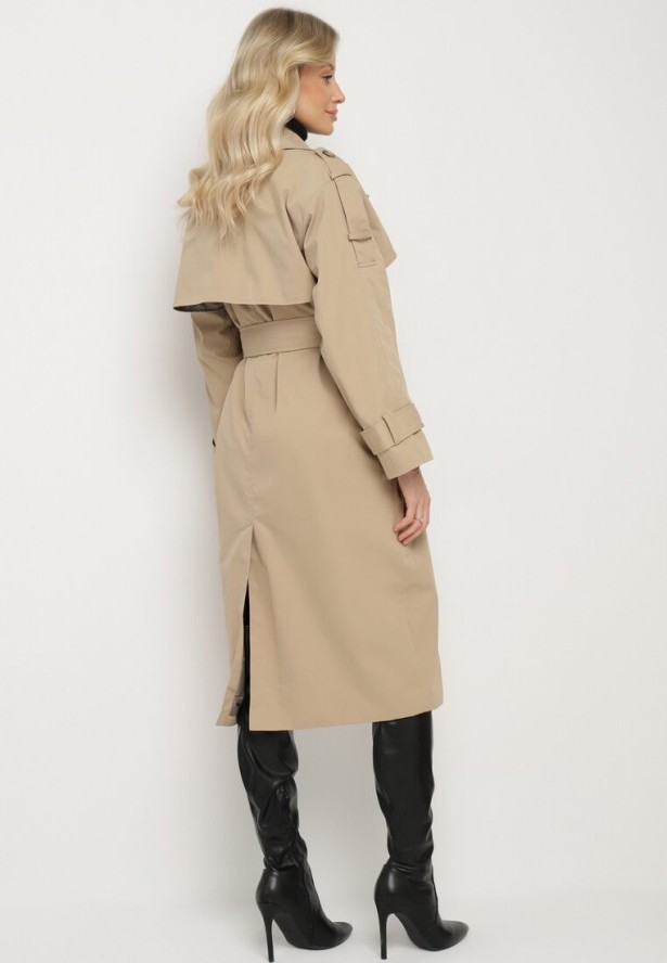 Ciemnobeżowy Dwurzędowy Płaszcz Trencz z Wiązanym Paskiem Rozcięciem i Klapą Terezi