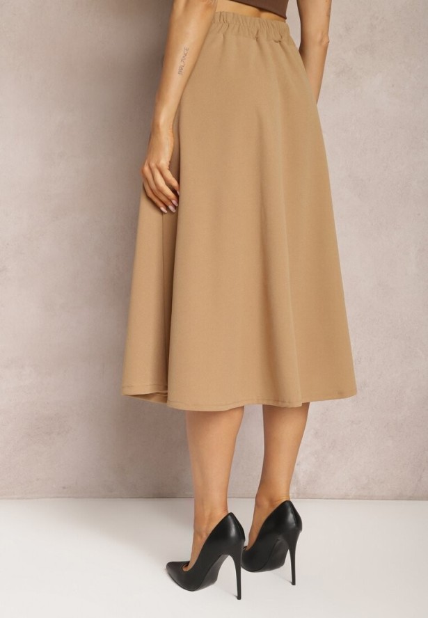 Beżowa Rozkloszowana Spódnica Midi z Gumką w Talii i Paskami z Imitacji Skóry Helemisia