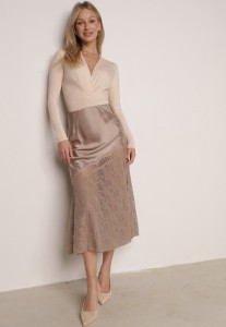 Beżowa Spódnica z Satyny z Koronką i Rozcięciem na Nogę Doritana