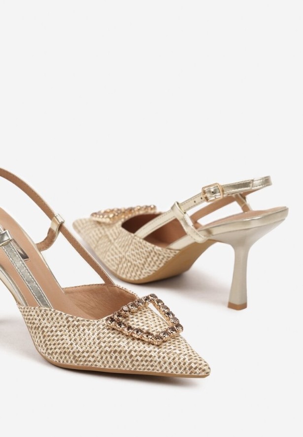 Beżowo-Złote Szpilki Sling-Back z Motywem Plecionki z Metaliczną Ozdobą Siltina