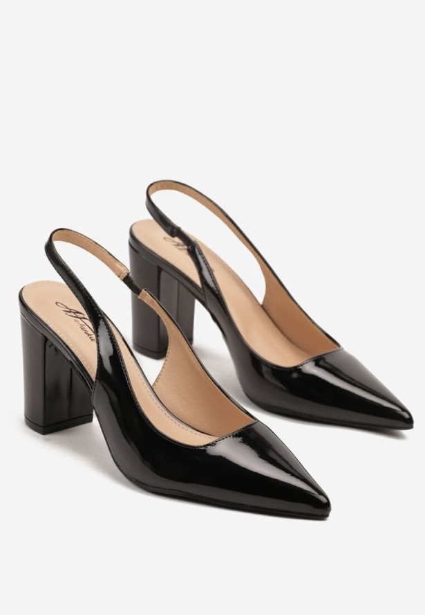 Czarne Sandały Lakierowane na Słupku Slingback Halasela