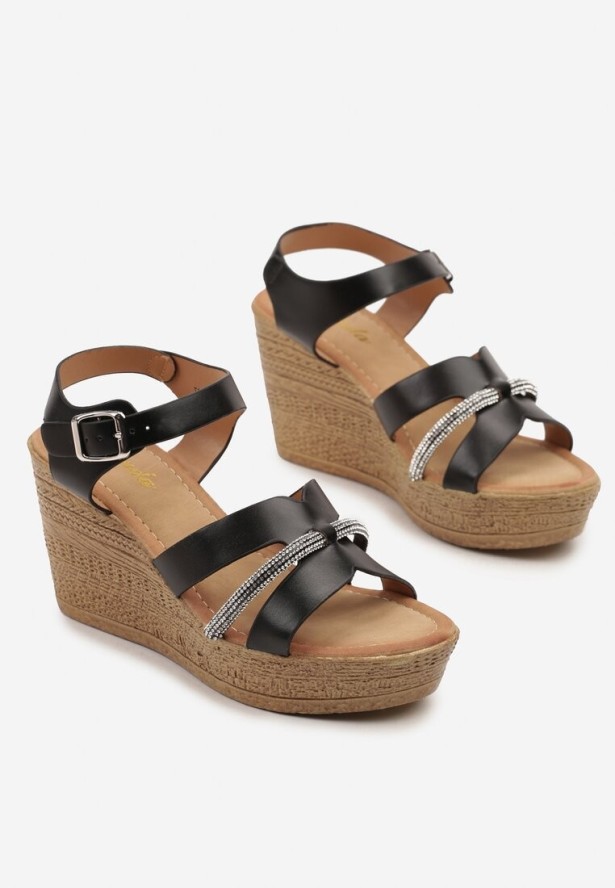 Czarne Sandały na Plecionej Podeszwie z Cyrkoniami na Koturnie Vikienne