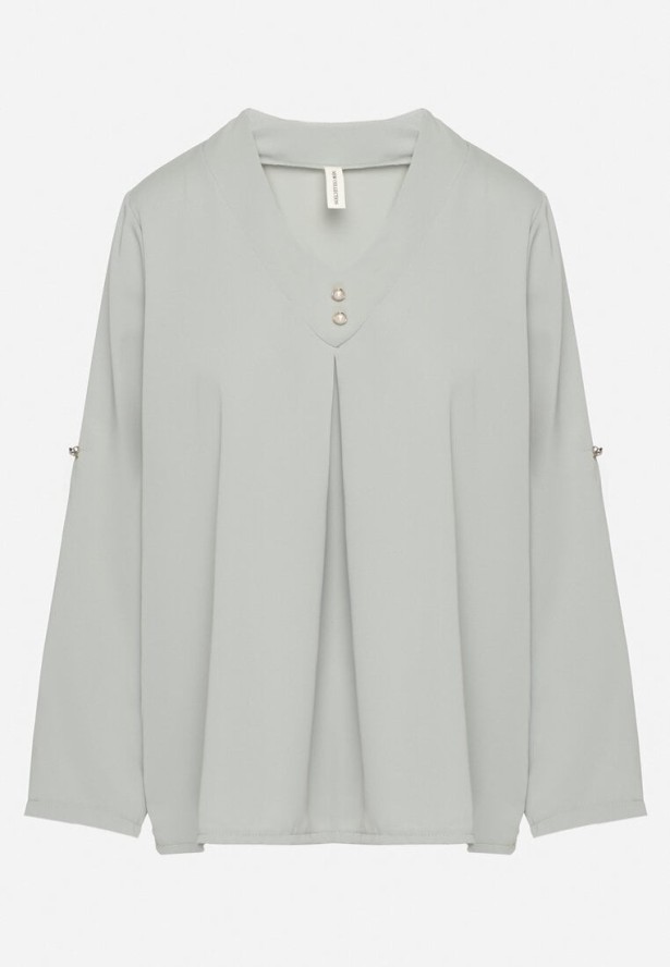 Jasnozielona Bluzka o Trapezowym Kroju z Dekoltem w Serek i Podpinanymi Rękawami Aslimi