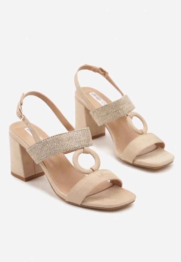 Beżowe Sandały na Obcasie z Plecionką i Okrągłą Ozdobą Telena