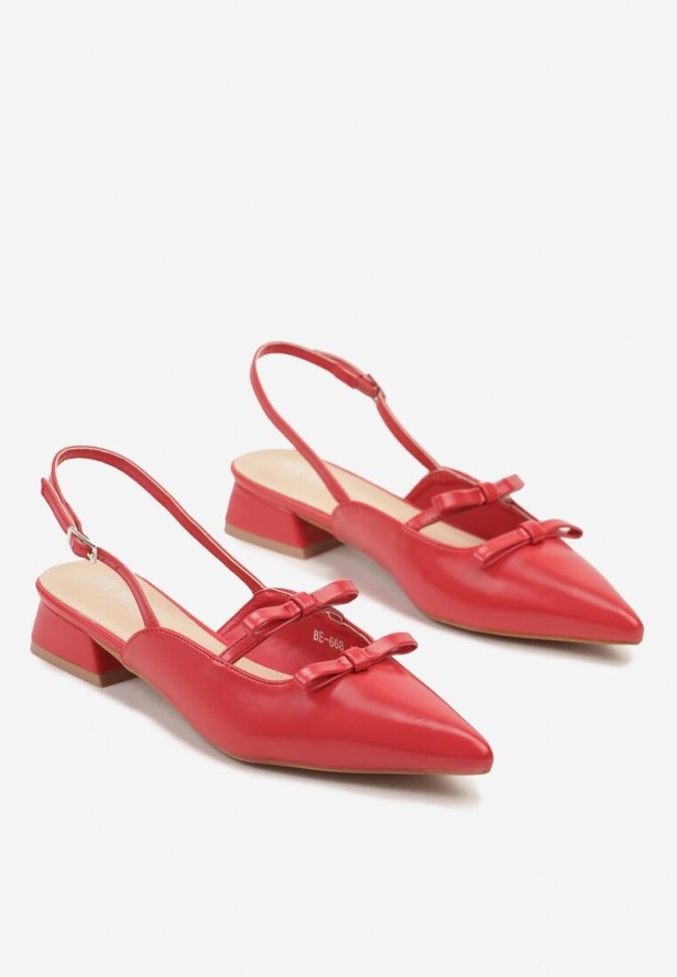 Czerwone Sandały Slingback na Niskim Obcasie Zdobione Kokardkami Remelle