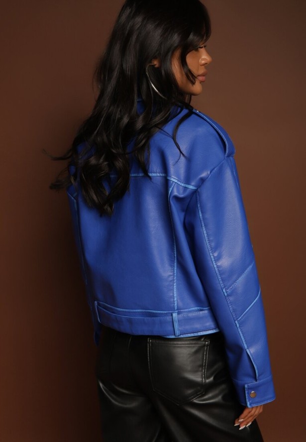 Granatowa Kurtka Ramoneska Vintage z Ekoskóry z Paskiem i Asymetrycznym Suwakiem Leovia