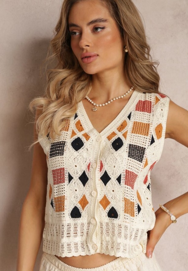 Beżowa Szydełkowa Bluzka Top z Geometrycznym Wzorem z Bawełny Fellin