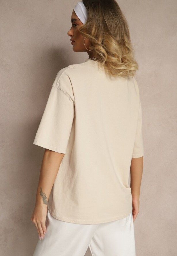 Beżowy T-shirt z Bawełny Ozdobiony Sercem Ranira