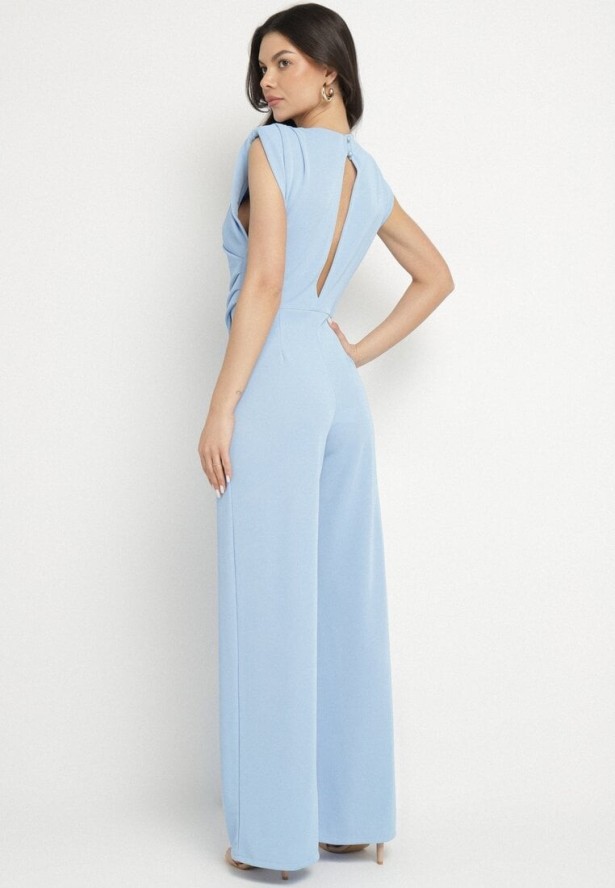 Niebieski Kombinezon Bez Rękawów z Ozdobnym Marszczeniem Sepalene