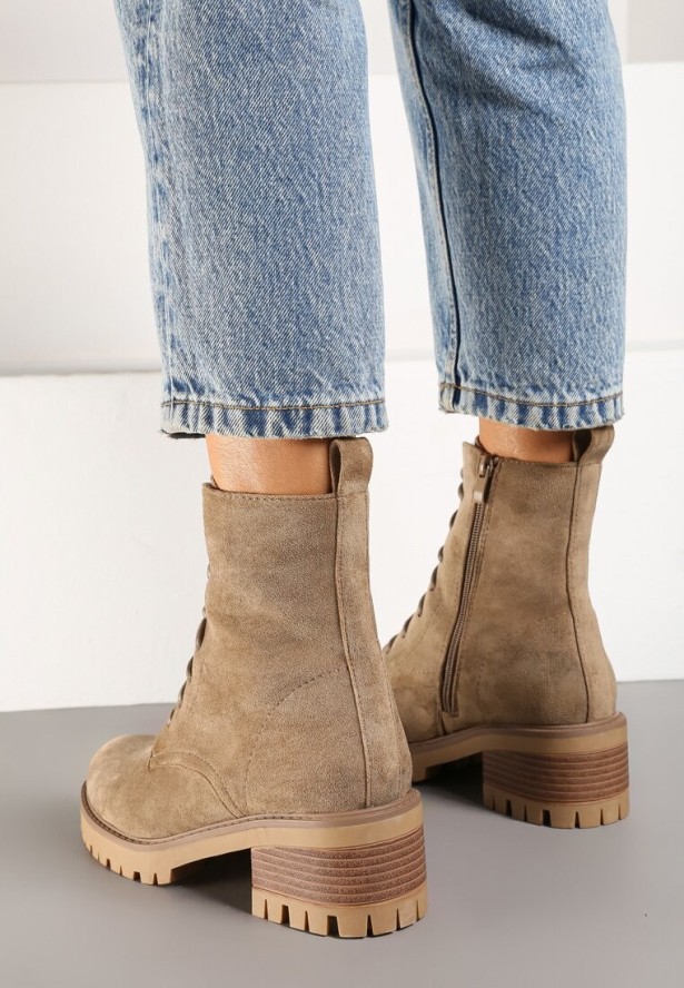 Beżowe Botki ze Sznurowaniem Ditra