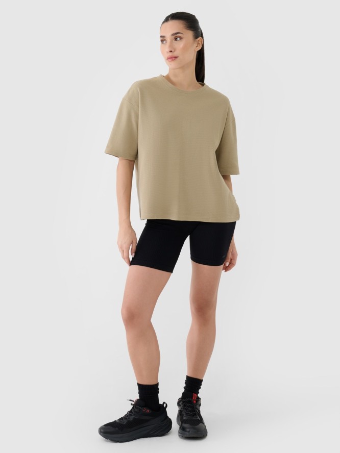 4F T-shirt regular z waflowej dzianiny damski - beżowy M