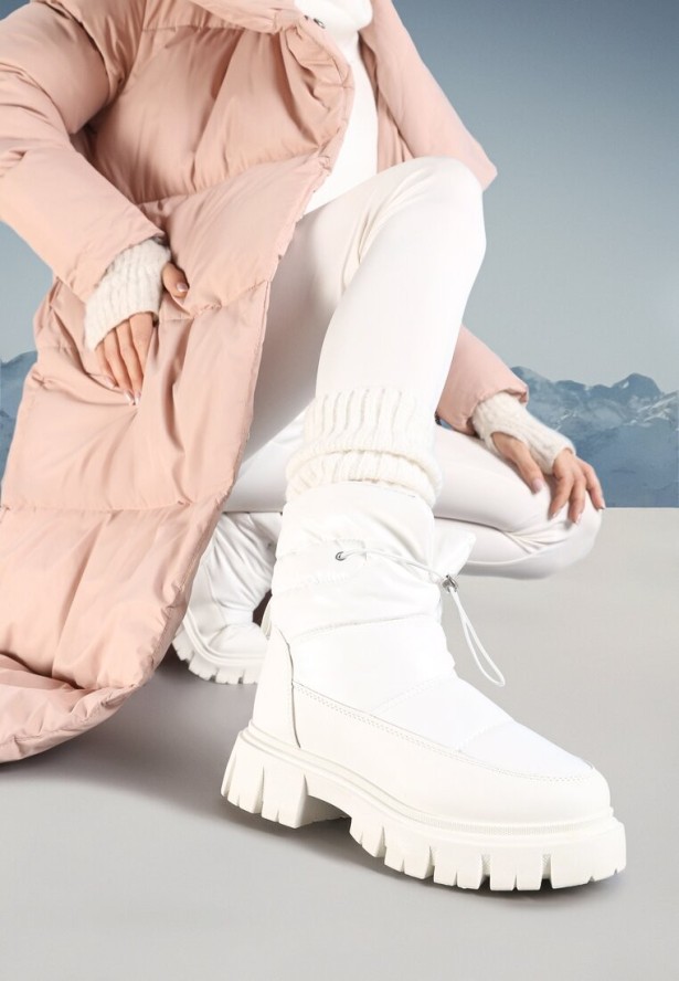 Białe Pikowane Śniegowce na Grubej Podeszwie ze Ściągaczem Orbica