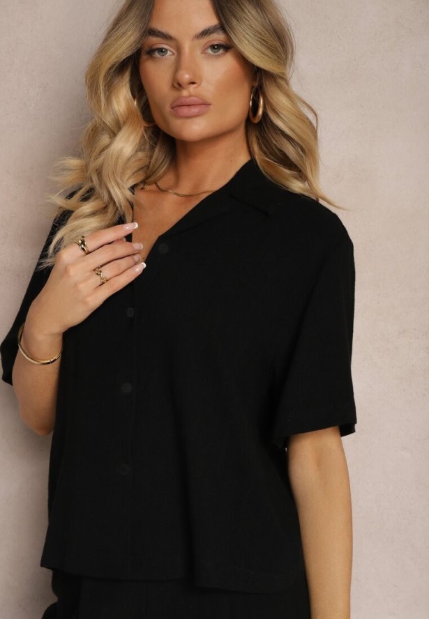 Czarny Komplet 2-Częściowy Koszula z Krótkim Rękawem Zapinana na Guziki Spodnie Długie Curetta