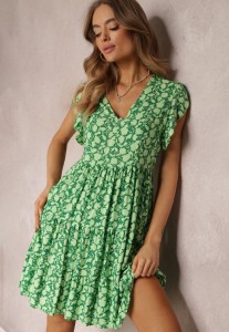 Zielona Rozkloszowana Sukienka z Wiskozy z Falbankami Tuls