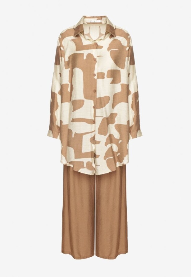 Jasnobeżowy Komplet z Wiskozą Koszula z Geometrycznym Wzorem i Spodnie Rinavinea