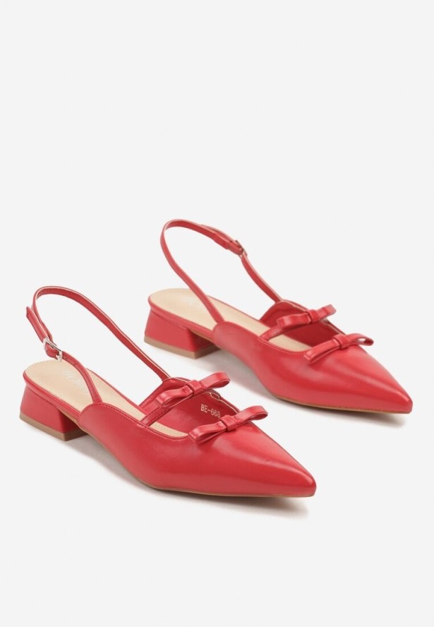 Czerwone Eleganckie Sandały na Niskim Słupku z Kokardkami i Noskiem w Szpic Rensara