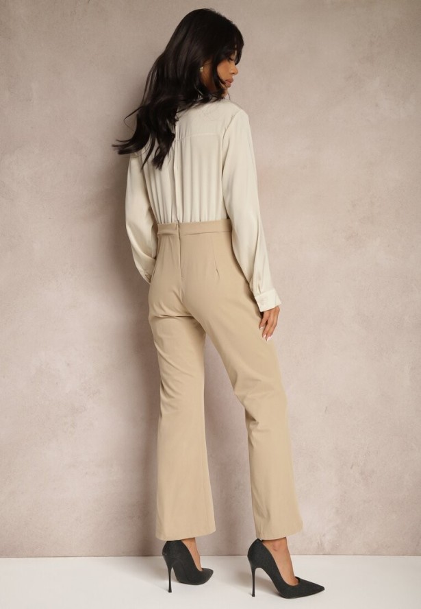 Beżowy Kopertowy Kombinezon z Elegancką Koszulową Górą i Szerokimi Nogawkami Vareti