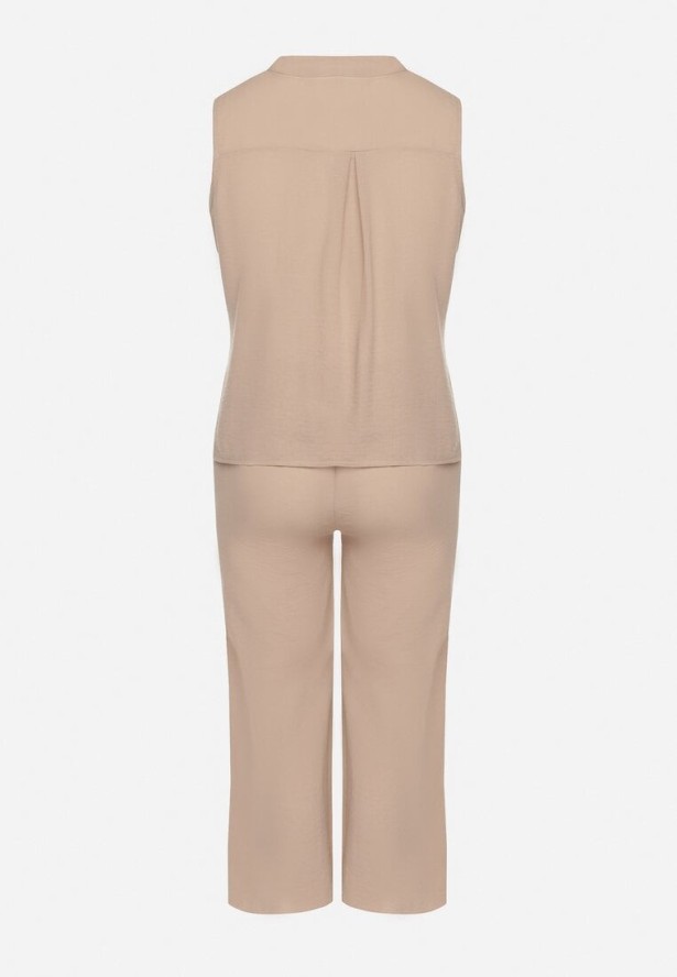 Ciemnobeżowy Komplet Koszula bez Rękawów i Szerokie Spodnie z Gumką w Pasie Telanwena