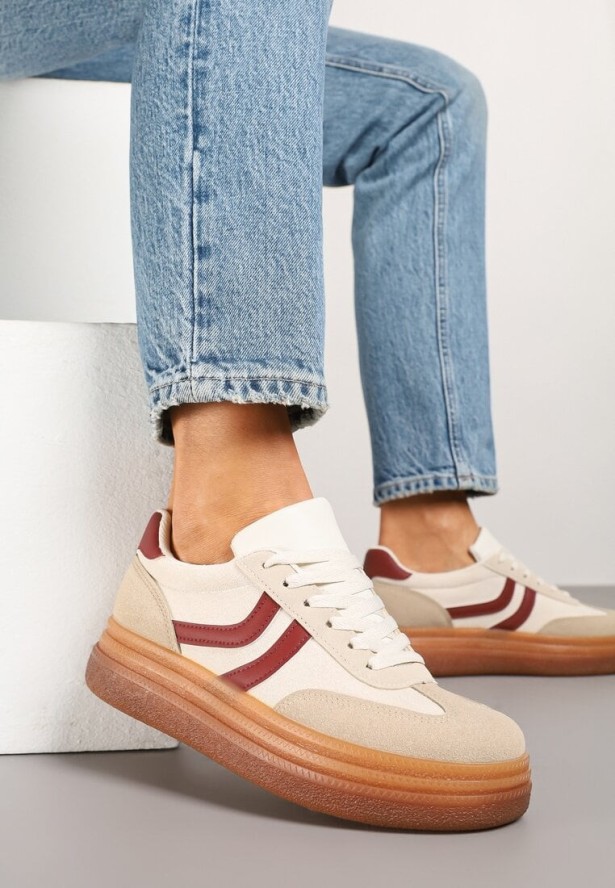 Beżowo-Bordowe Sneakersy w Stylu Klasycznych Tenisówek na Grubej Podeszwie Grelritia