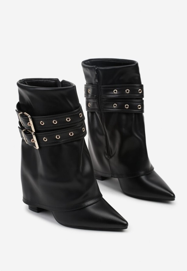 Czarne Botki Kowbojki na Słupku Ozdobione Klamrami i Wywiniętą Cholewką Codvire