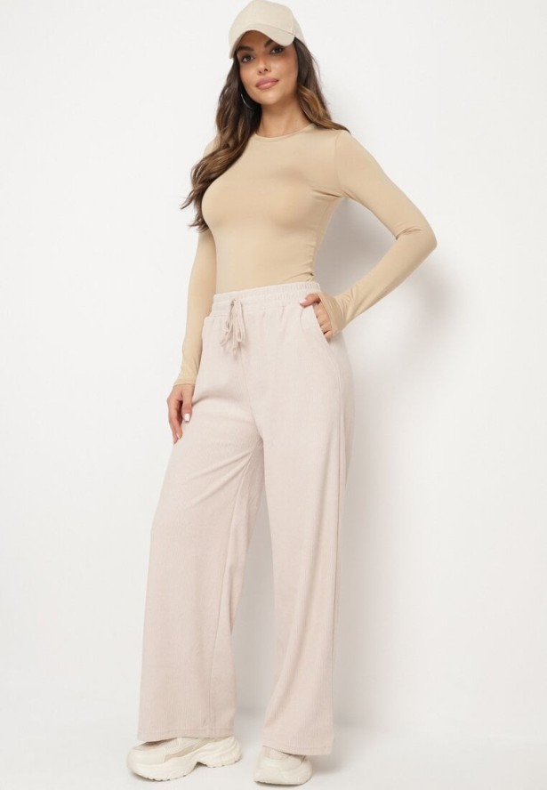 Beżowe Szerokie Spodnie z Wysokim Stanem Wiązane Sznurkiem Cosetta