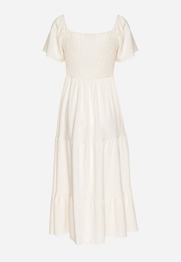 Jasnobeżowa Sukienka z Wiskozą Lnem i Elastyczną Górą Ellisena