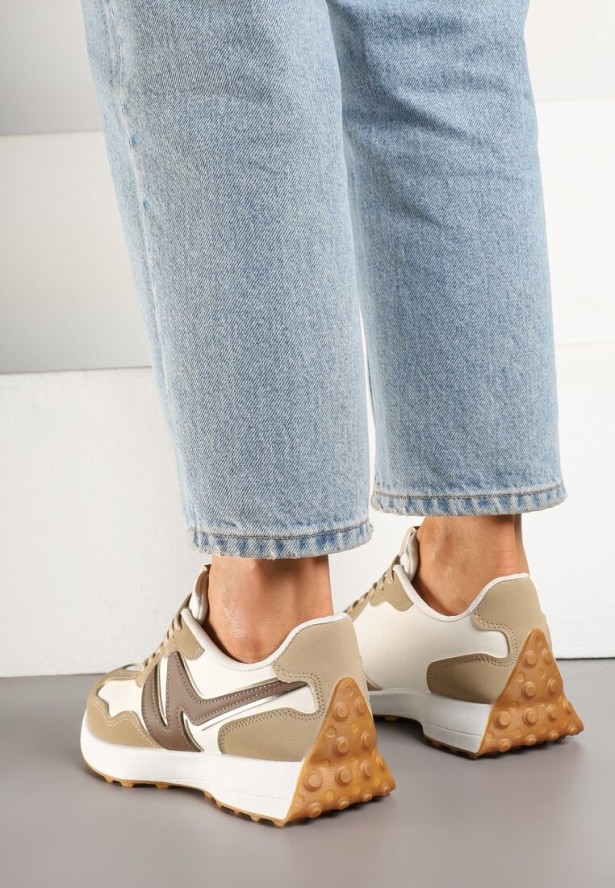 Ciemnobeżowe Sneakersy Ozdobione Geometryczną Aplikacją Jenilitia