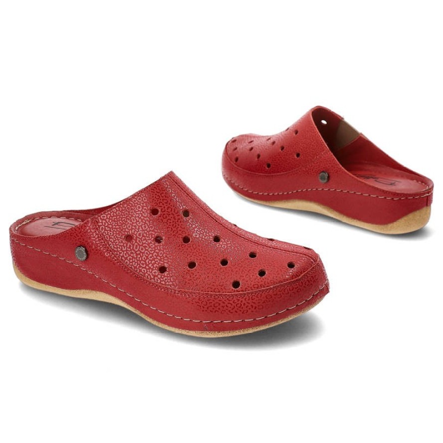 Bordowe Klapki Pollonus Wygodne Skórzane Buty Damskie