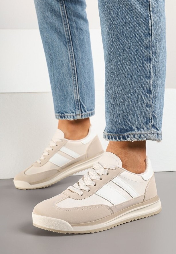 Beżowe Sneakersy w Stylu Kultowych Tenisówek z Przeszyciami Lelluria