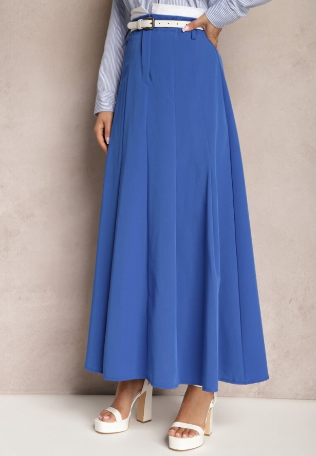 Niebieska Spódnica Długa Rozkloszowana High Waist Leoraia