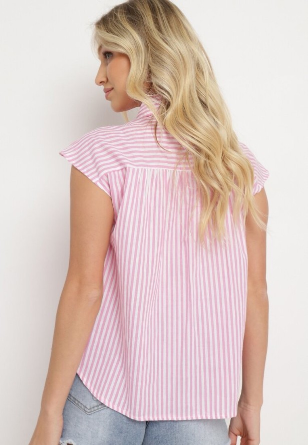 Różowa Bawełniana Koszula Bez Rękawów w Paski Zapinana na Guziki Loratia