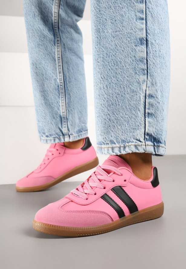Różowe Sneakersy Sportowe Tenisówki z Modnymi Przeszyciami i Paskami Zarelna